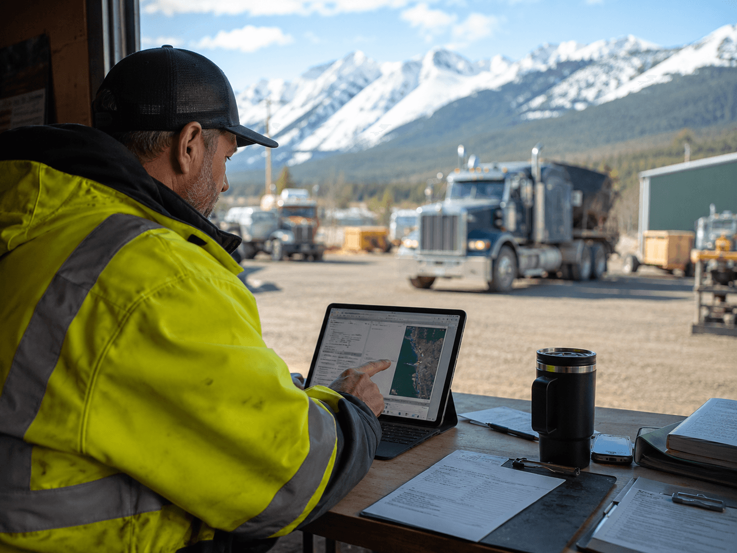 A Northern BC field worker using a tablet near trucks, paperwork, and mountain terrain.