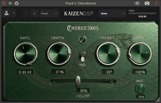 Choroboros Green engine, an actual audio plugin interface with textured green controls