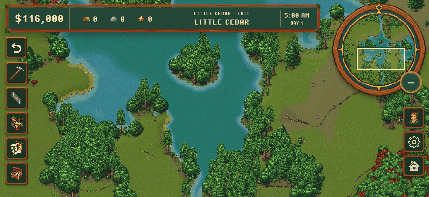 Actual Lakeside gameplay showing wooded islands, shoreline, minimap and building controls