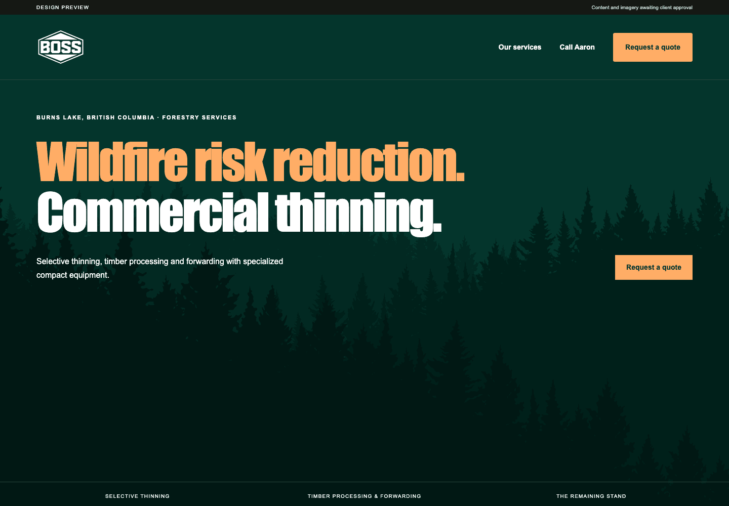 Boss Industries website with its green forest, BOSS badge and wildfire risk reduction headline