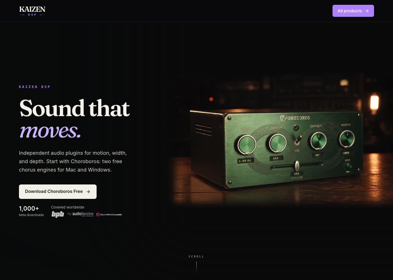 The real Kaizen DSP website with its Sound that moves headline, purple accent and Choroboros hero