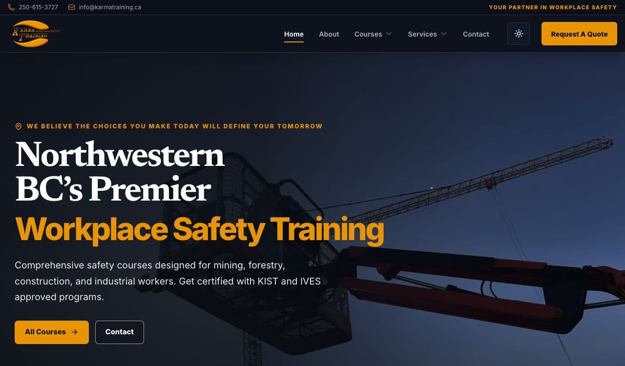 Karma Training website with industrial safety training content and worksite photography