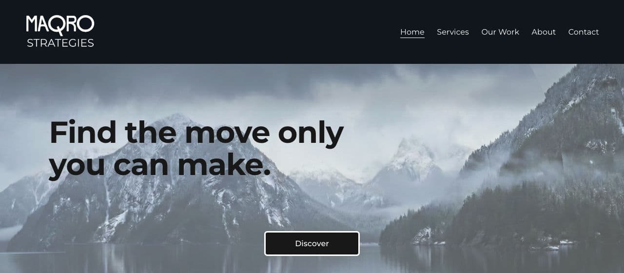 MAQRO Strategies website with its mountain lake hero and Find the move only you can make headline