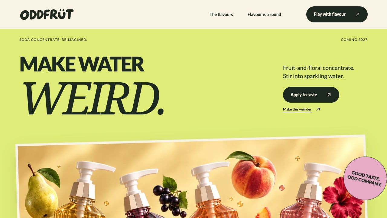 ODDFRÜT website with its chartreuse Make Water Weird hero, bottles and fruit